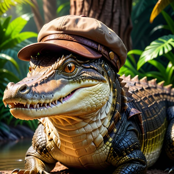 Photo of a crocodile in a brown cap