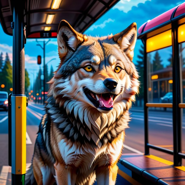 Foto de um sorriso de um lobo na parada de ônibus