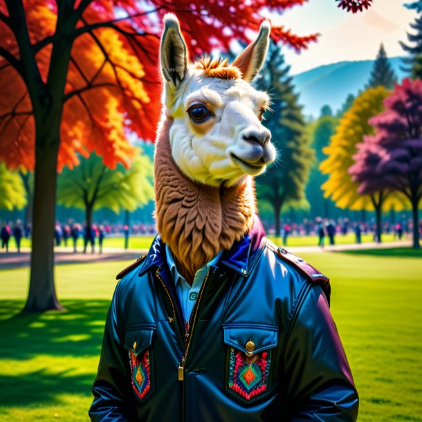 Picture of a llama in a jacket in the park