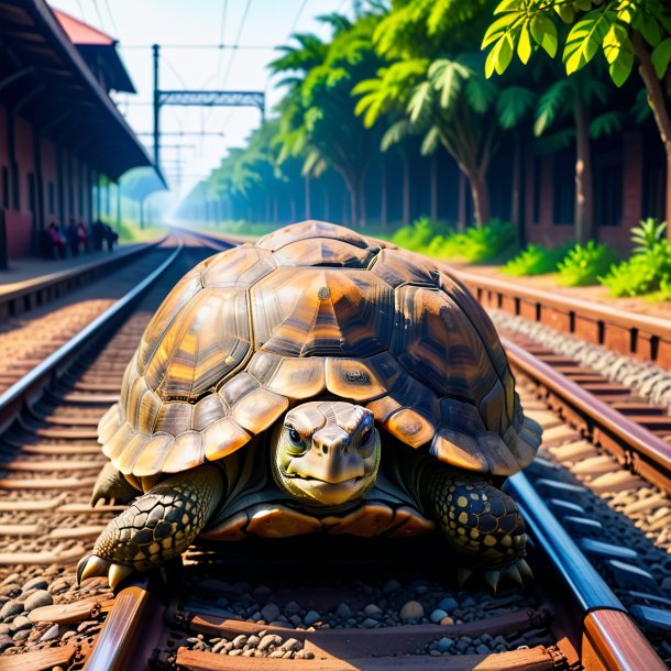 Foto de una espera de una tortuga en las vías ferroviarias