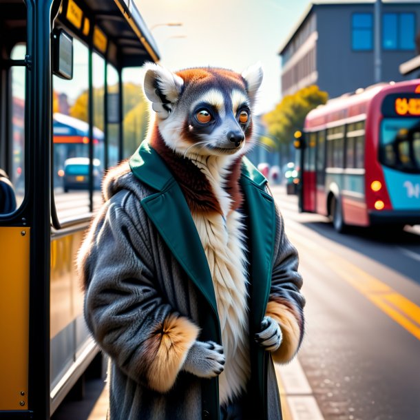 Imagem de um lémur em um casaco no ponto de ônibus