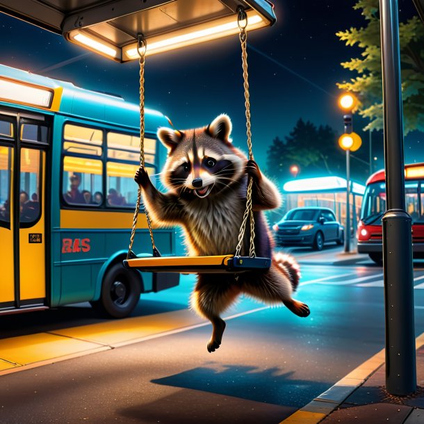 Image of a swinging on a swing of a raccoon on the bus stop