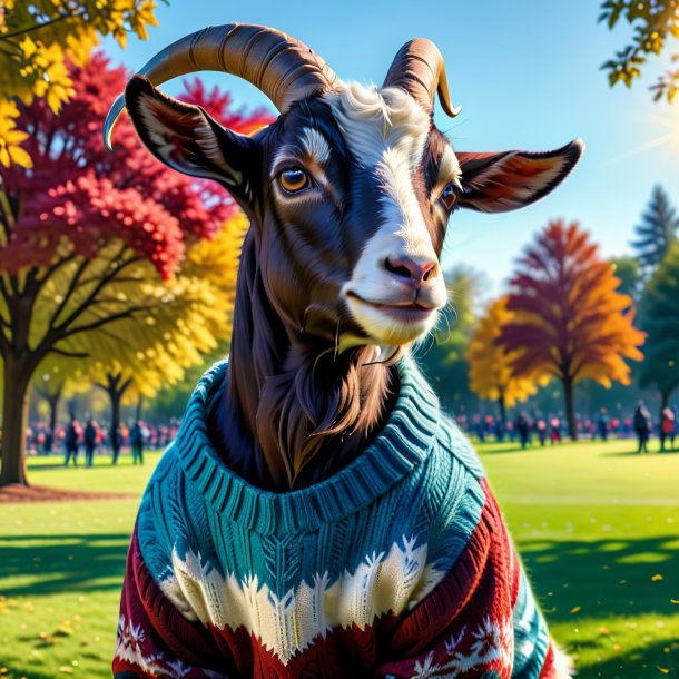 Pic of a goat in a sweater in the park