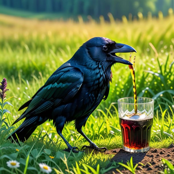 Image of a drinking of a crow in the meadow