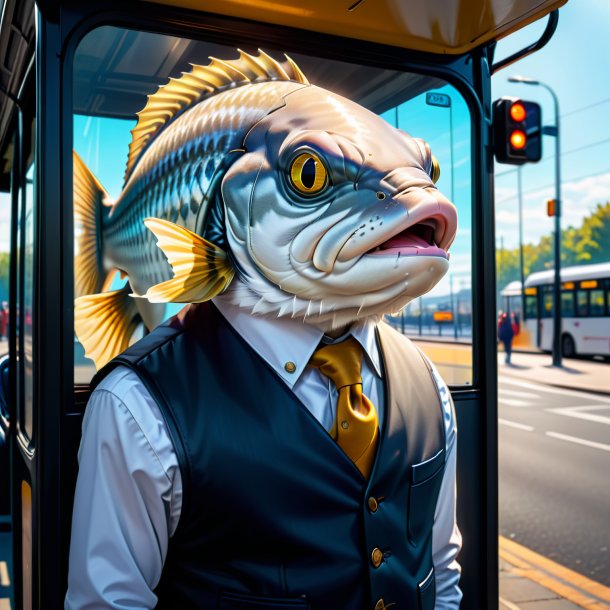 Desenho de um haddock em um colete na parada de ônibus