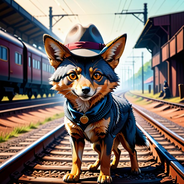 Ilustração de um chacal em um chapéu nos trilhos ferroviários