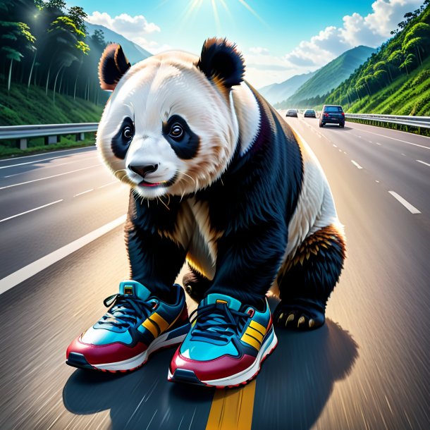 Dessin d'un panda géant dans une chaussure sur l'autoroute