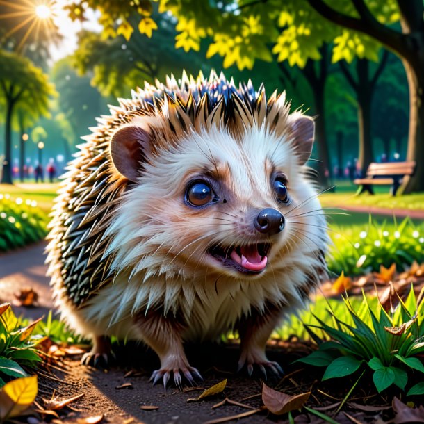 Photo of a crying of a hedgehog in the park