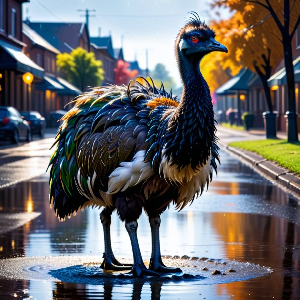 Imagem de uma emu em um casaco na poça