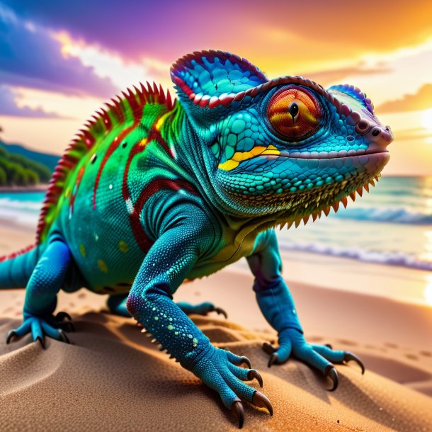 Photo of a threatening of a chameleon on the beach