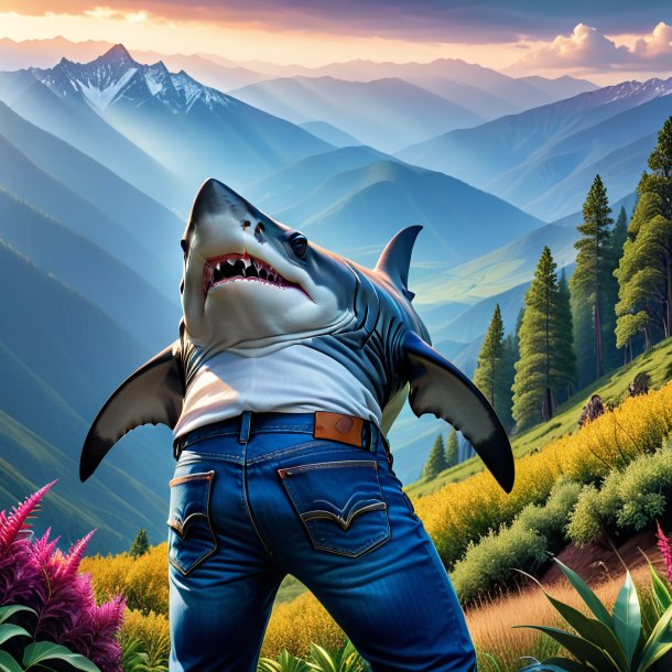 Picture of a hammerhead shark in a jeans in the mountains