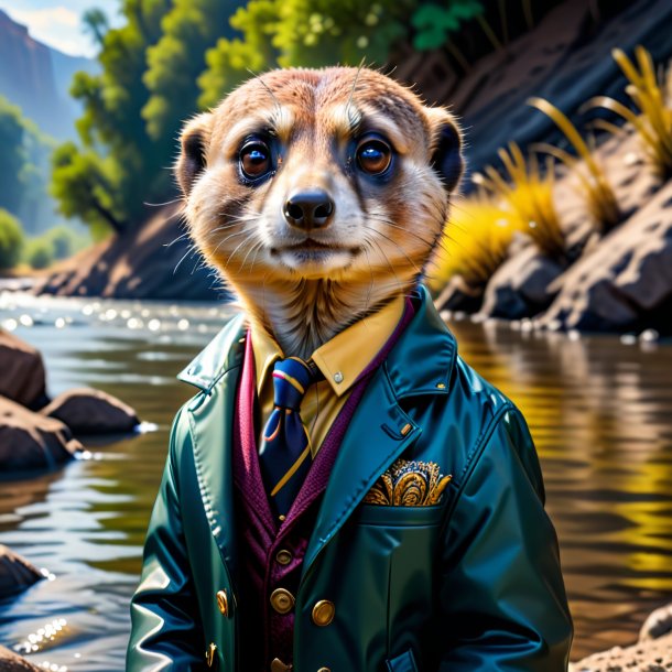 Picture of a meerkat in a jacket in the river