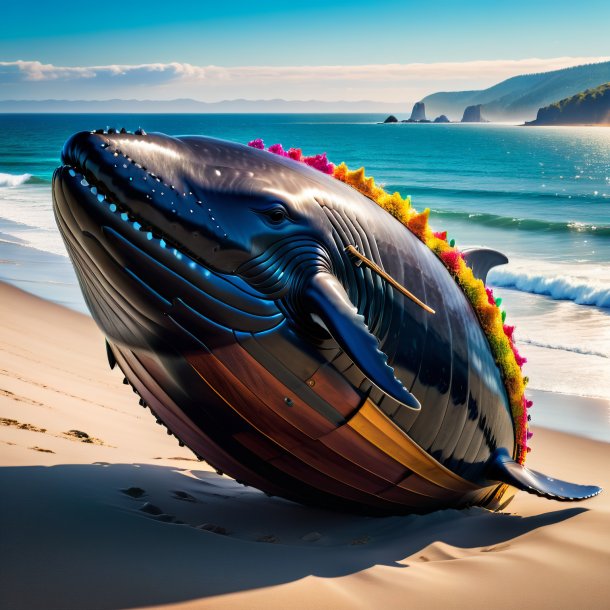 Photo of a whale in a vest on the beach