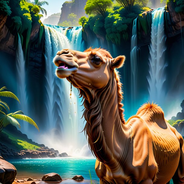 Pic of a crying of a camel in the waterfall