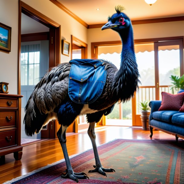 Foto de un emu en un jeans en la casa