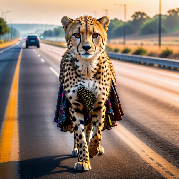 Picture of a cheetah in a skirt on the highway