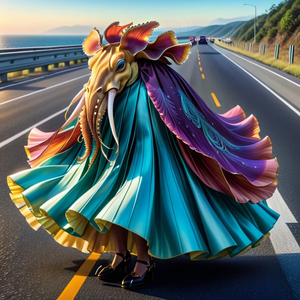 Drawing of a cuttlefish in a skirt on the highway