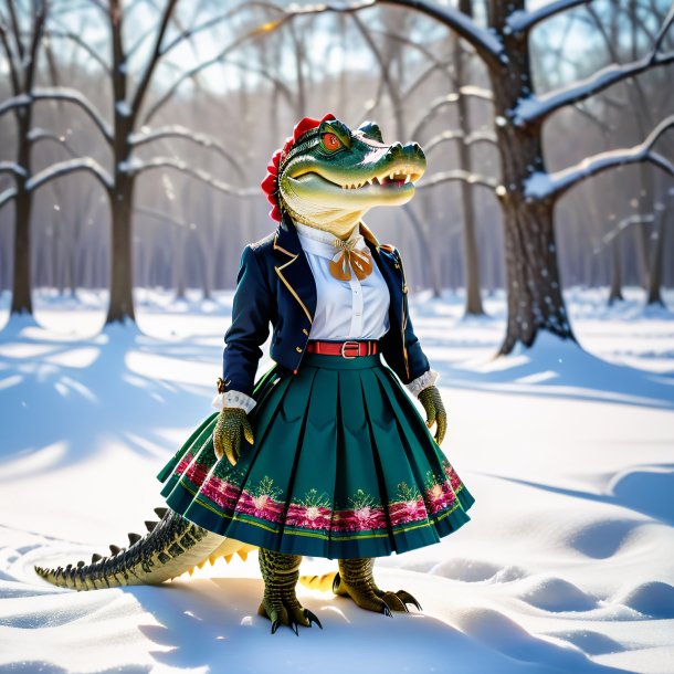 Pic of a alligator in a skirt in the snow