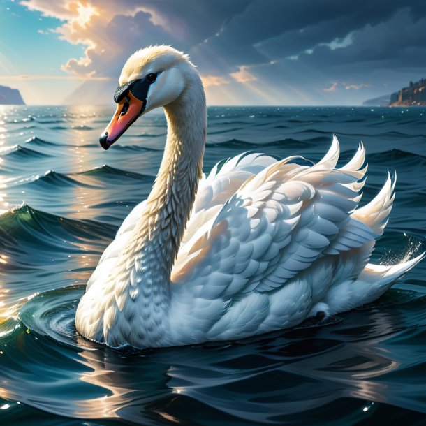 Illustration of a swan in a coat in the sea