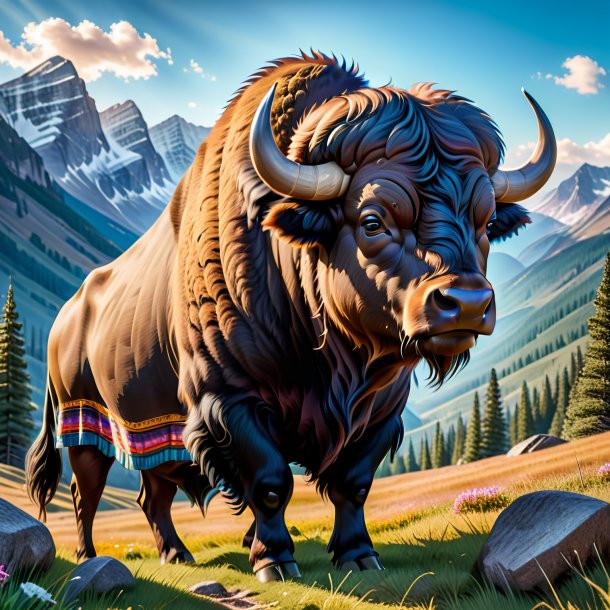 Image of a buffalo in a skirt in the mountains