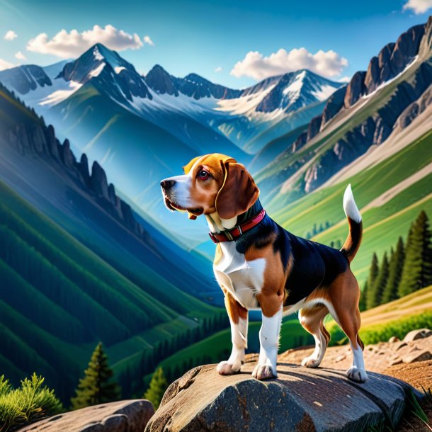 Photo of a beagle in a jeans in the mountains