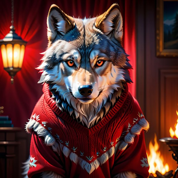 Photo d'un loup dans un pull rouge