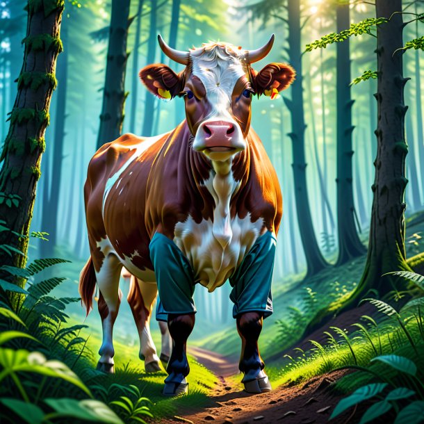 Picture of a cow in a trousers in the forest