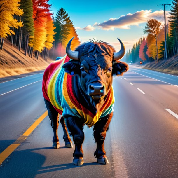 Photo of a buffalo in a sweater on the road