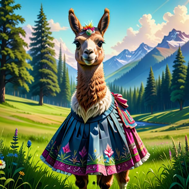 Illustration of a llama in a skirt in the meadow