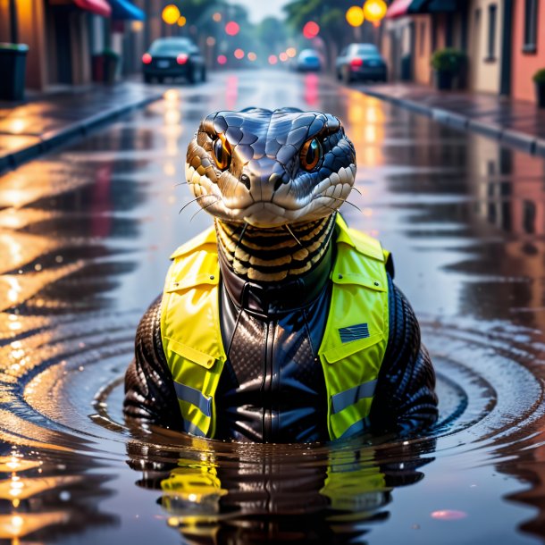 Imagem de uma cobra em um colete na poça