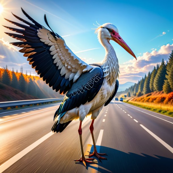 Pic d'une cigogne dans un pull sur l'autoroute