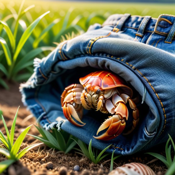 Imagem de um caranguejo eremita em um jeans no campo