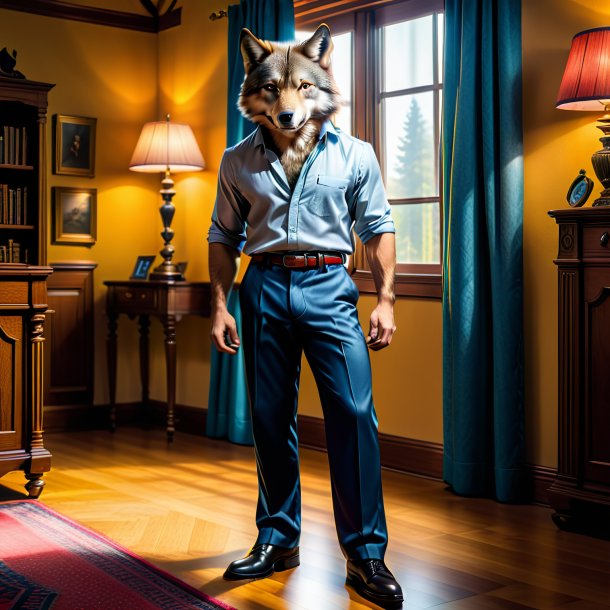 Photo of a wolf in a trousers in the house