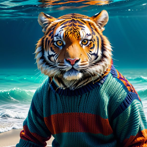 Foto de um tigre em um suéter no mar