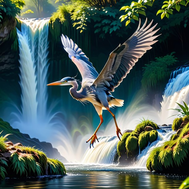 Pic of a jumping of a heron in the waterfall