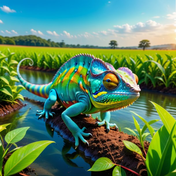 Uma foto de uma natação de um camaleão no campo