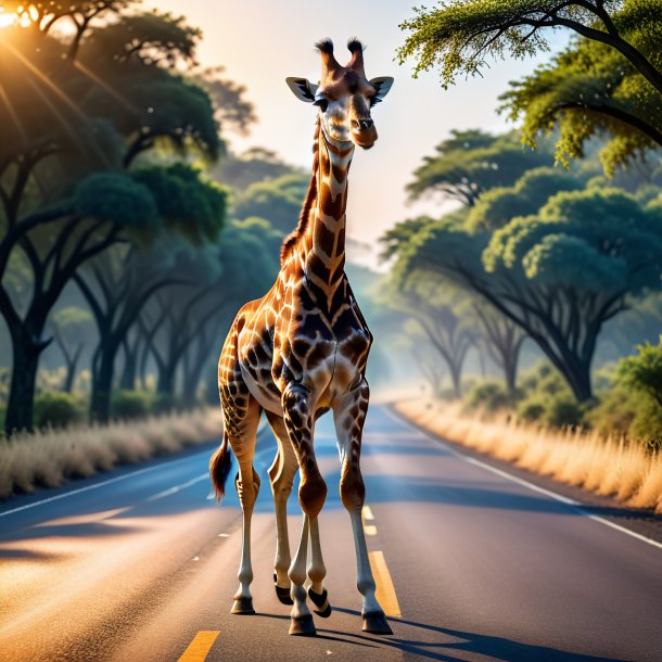 Imagem de uma dança de uma girafa na estrada