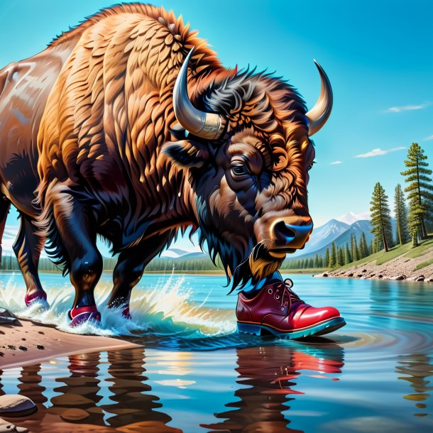 Drawing of a bison in a shoes in the water