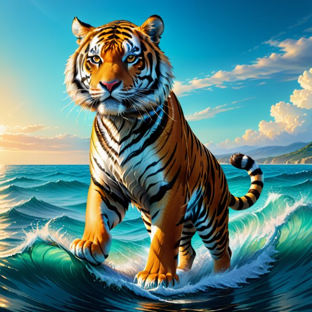 Drawing of a tiger in a trousers in the sea