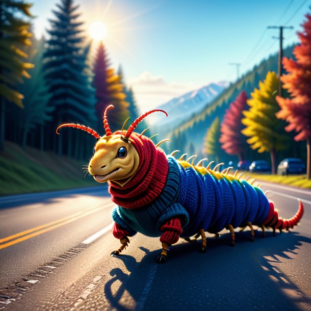 Illustration of a centipede in a sweater on the road