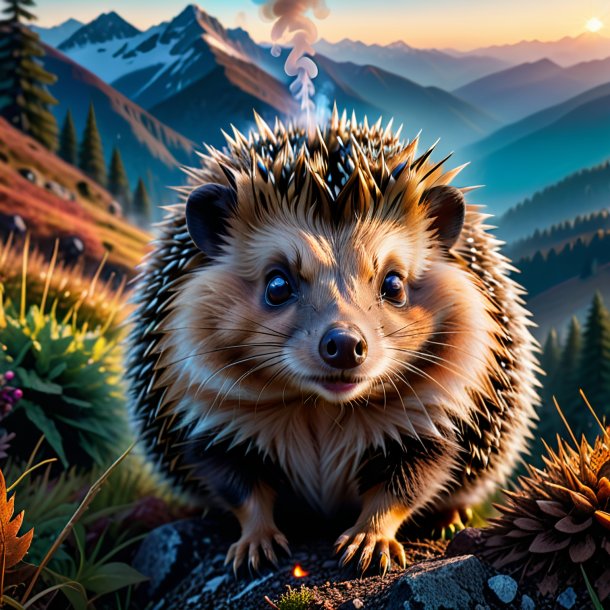 Image of a smoking of a hedgehog in the mountains