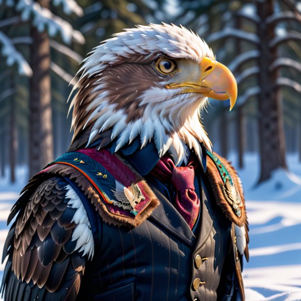 Picture of a eagle in a vest in the snow