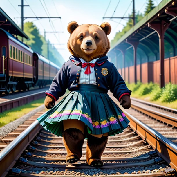 Ilustração de um urso em uma saia nos trilhos ferroviários