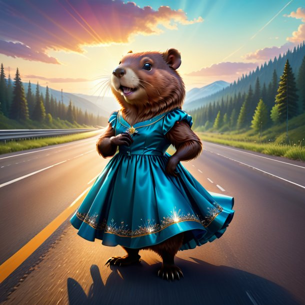 Illustration of a beaver in a dress on the highway