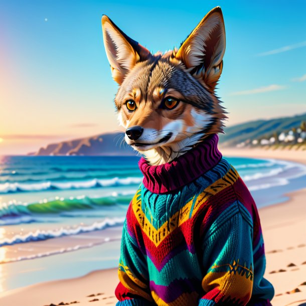 Illustration d'un chacal dans un pull sur la plage