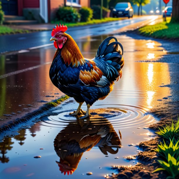 Foto de una espera de una gallina en el charco