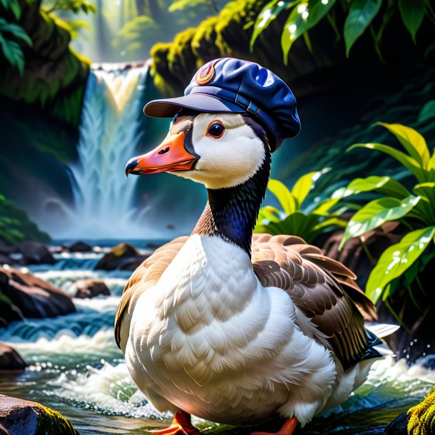 Pic of a goose in a cap in the waterfall