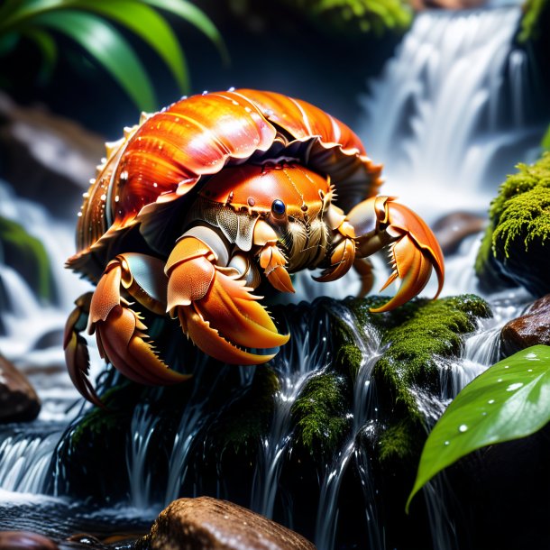 Photo of a hermit crab in a vest in the waterfall