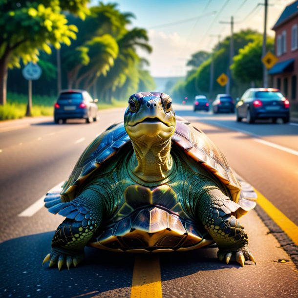 Image of a turtle in a dress on the road