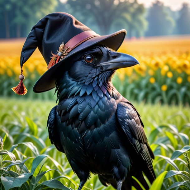 Photo d'un corbeau dans un chapeau sur le terrain